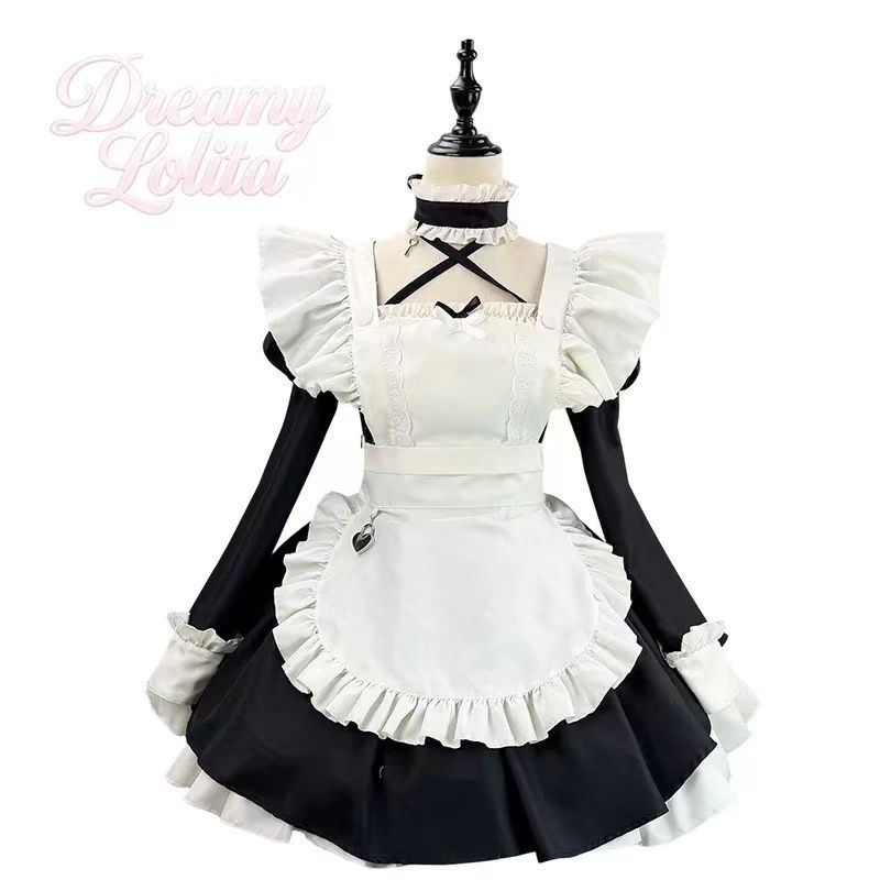 黒白長袖メイド服 バック大リボン 甘ロリ コスプレ衣装