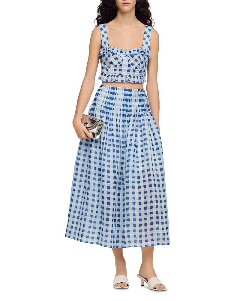 サンドロ レディース ボトムスカート ギンガムチェック リネン マキシ ギンガム Sandro Poppy Gingham Linen Blend Maxi Skirt Blue White ホワイト