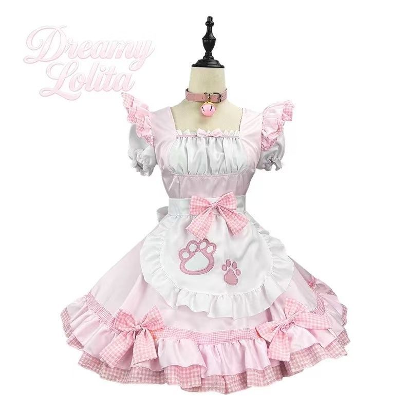ピンク猫肉球メイド服 チェックフリル ロリータコスプレ衣装 7,056円