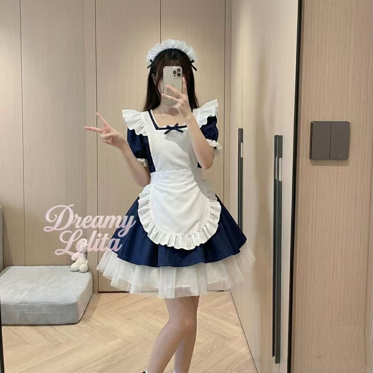 紺系清楚メイド服 ヘッドドレスセット 甘ロリコスプレ衣装