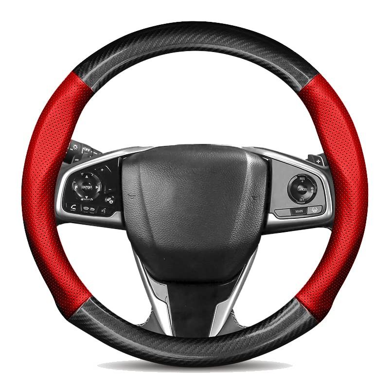 トラック ハンドルカバー ふそう ブルーテックキャンター タイタンダッシュ カーボン調＋牛革製 Lサイズ ステアリング・パーツ ステアリングカバー 滑り止め 車内装アクセサリー 内装パーツ 4色選択可能 40CM (レッド)as 63e3ee55