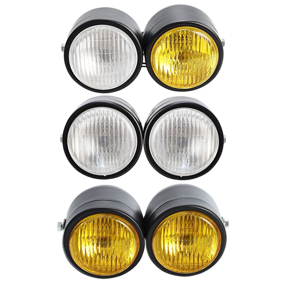 H4 DOUBLE TWIN HEAD LIGHT MOTORCYCLE DOMINATOR DUAL HEADLIGHT CLEAR/ YELLOW LENS HARLEY TOURING CRUISER HONDA