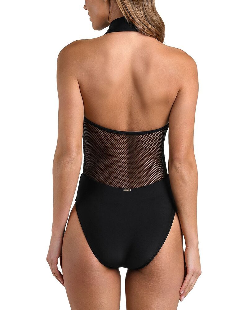 ラジャンス レディース 水着 上下セット メッシュ LAGENCE Natalya Collared Mesh Solid One Piece Swimsuit Black ブラック