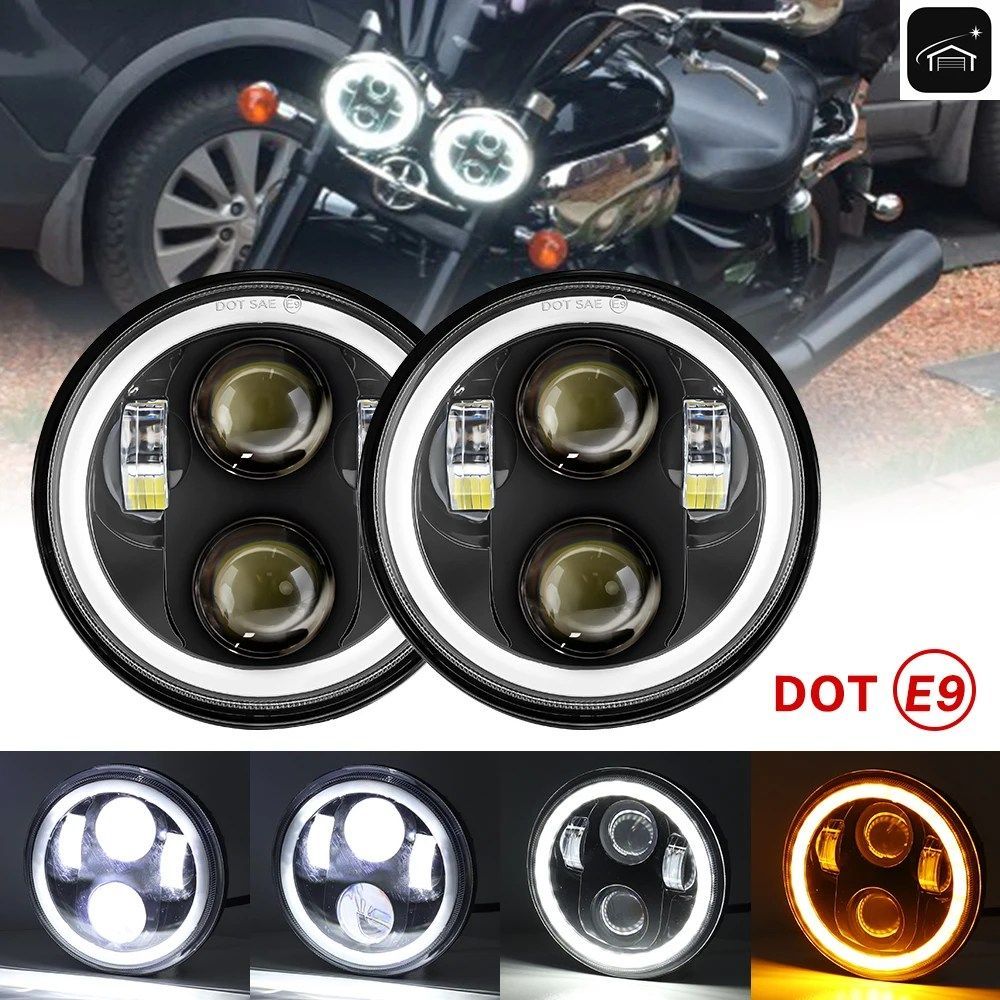 ヘッドライトバルブ 5.75インチ ラウンド オートバイ用 LED ヘッドランプ アングルアイ 12V 24V ターンシグナル ホワイト ハローリング ア