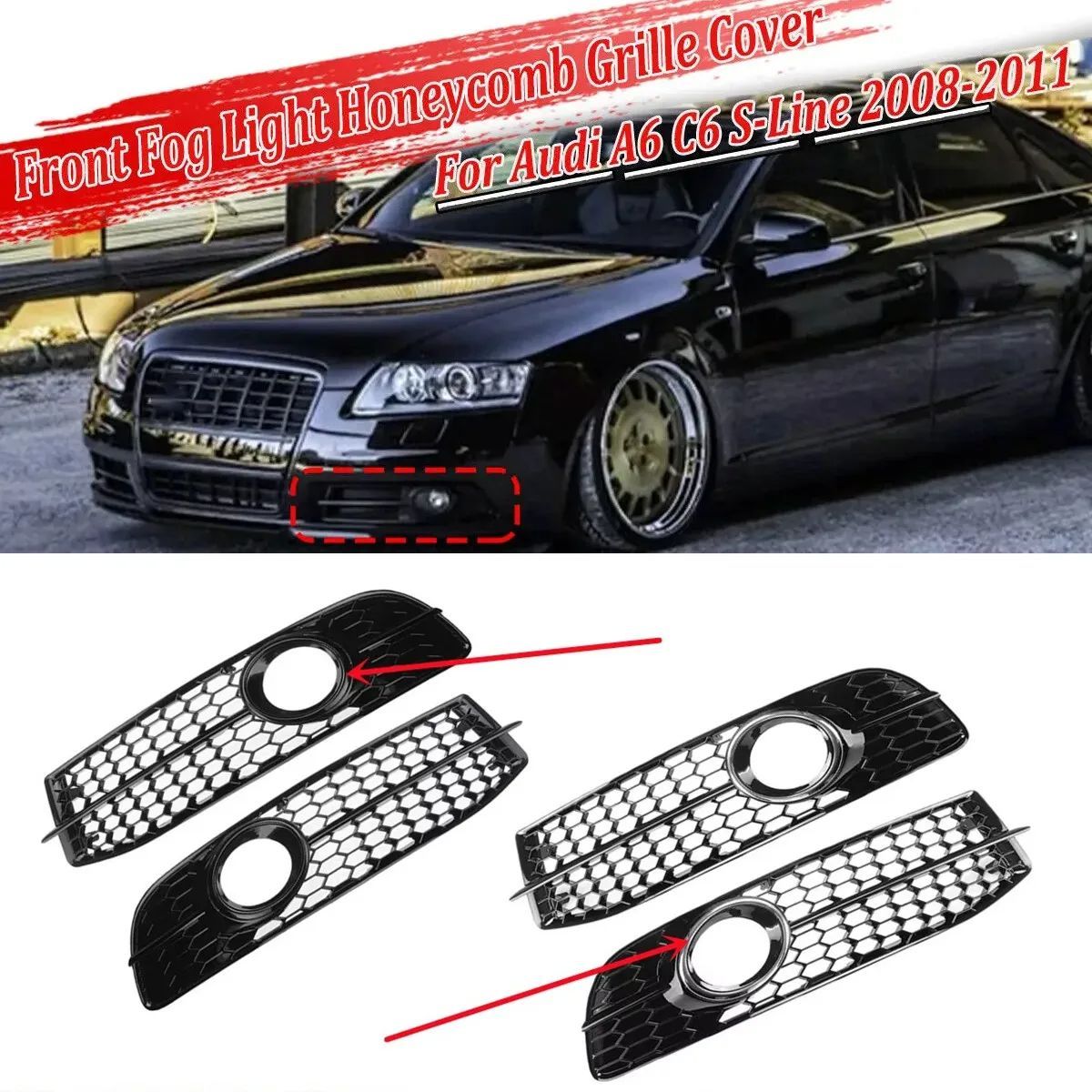 PAIR CAR FRONT BUMPER FOG LIGHT GRILLE AUDI A6 C6 S-LINE S-FACELIFTED 2008 - 11 HONEYCOMB HEX FOG LAMP GRILL COVER