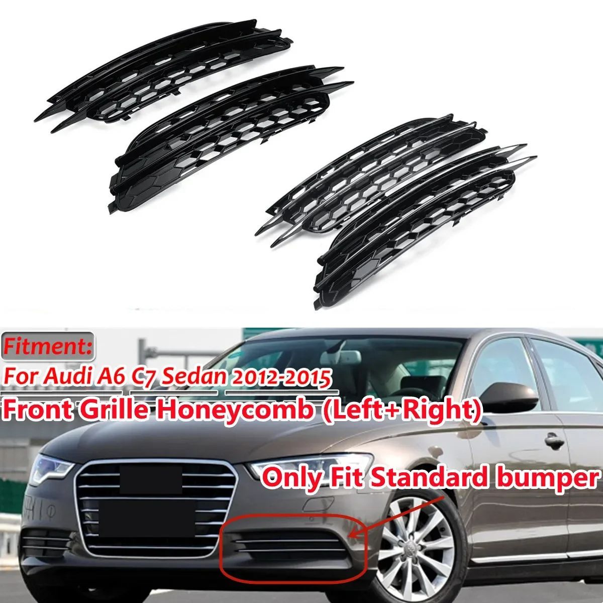 PAIR FRONT BUMPER FOG LIGHT GRILLE AUDI A6 C7 SEDAN 2012 - 15 FOG LAMP HONEYCOMB MESH GRILLES COVER