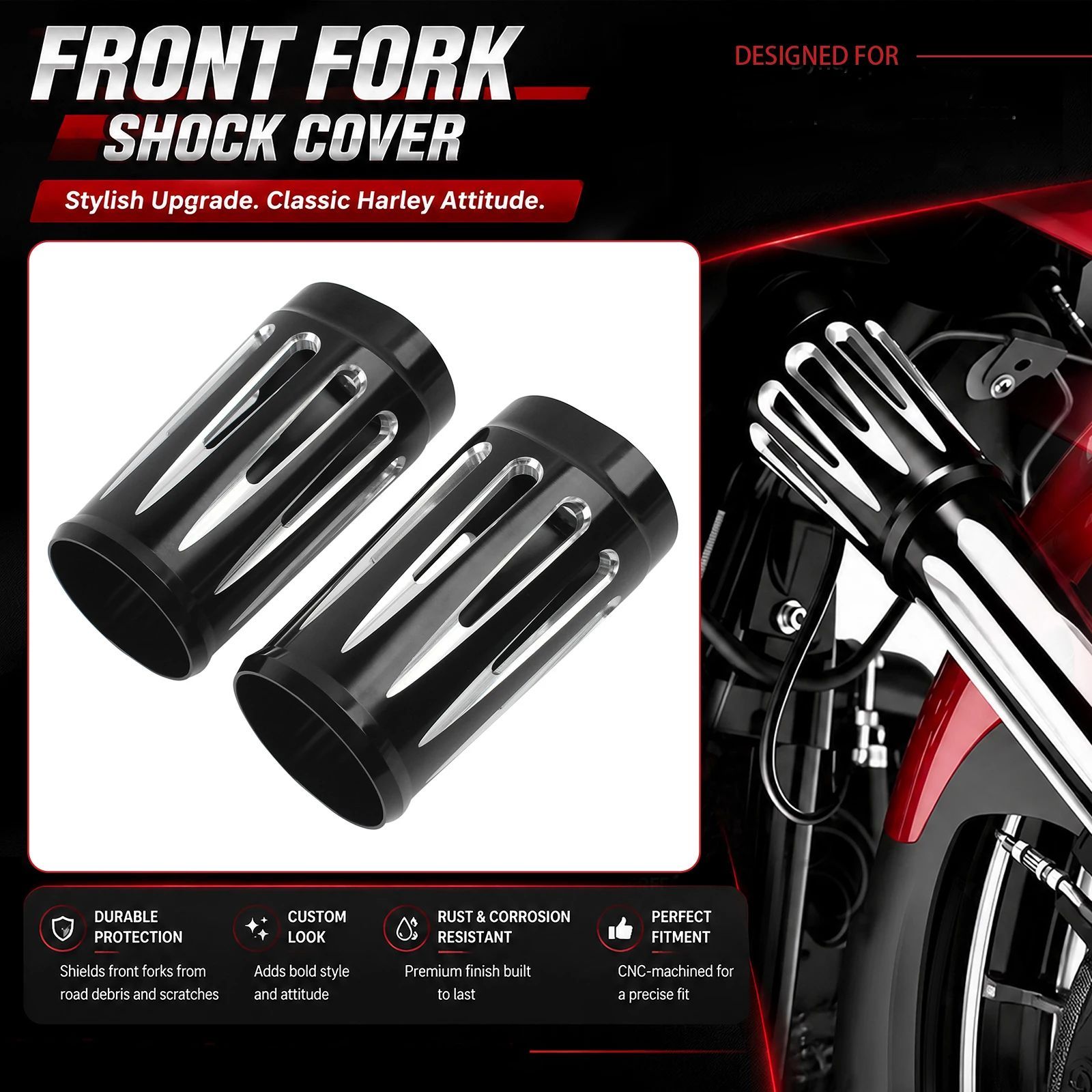 MOTORCYCLE FORK BOOT SLIDER COVER COW BELL HARLEY TOURING STREET GLIDE ROAD GLIDE ELECTRA GLIDE ROAD KING TRIKE 1984-2025