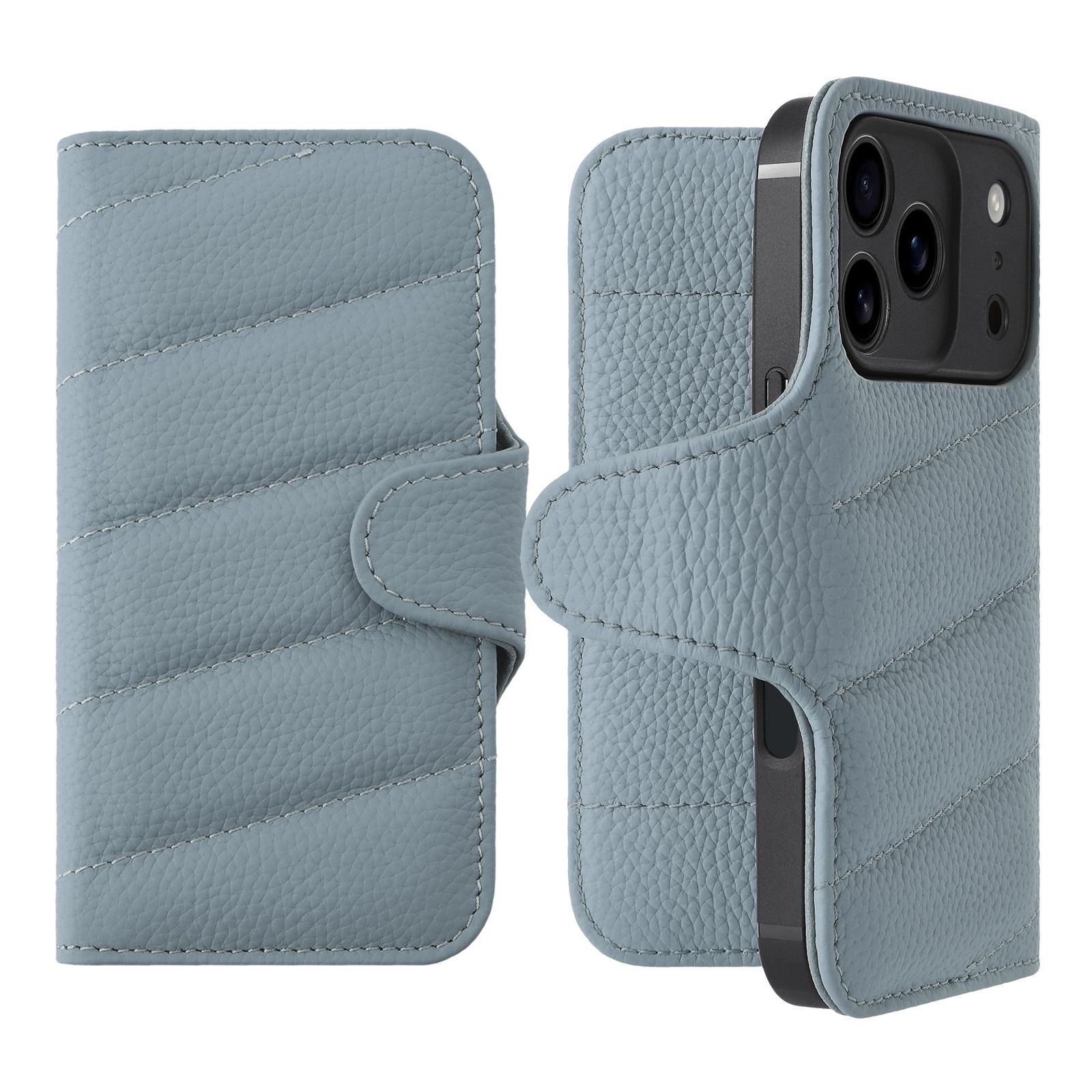 新品 HANATORA for iPhone 16Plus ケース 手帳型 本革 スマホケース スマホ キルティング ボタン留め シュリンクカーフレザー ギフト マグネットなし ブルーグレー QH02T-16Plus-BlueGray