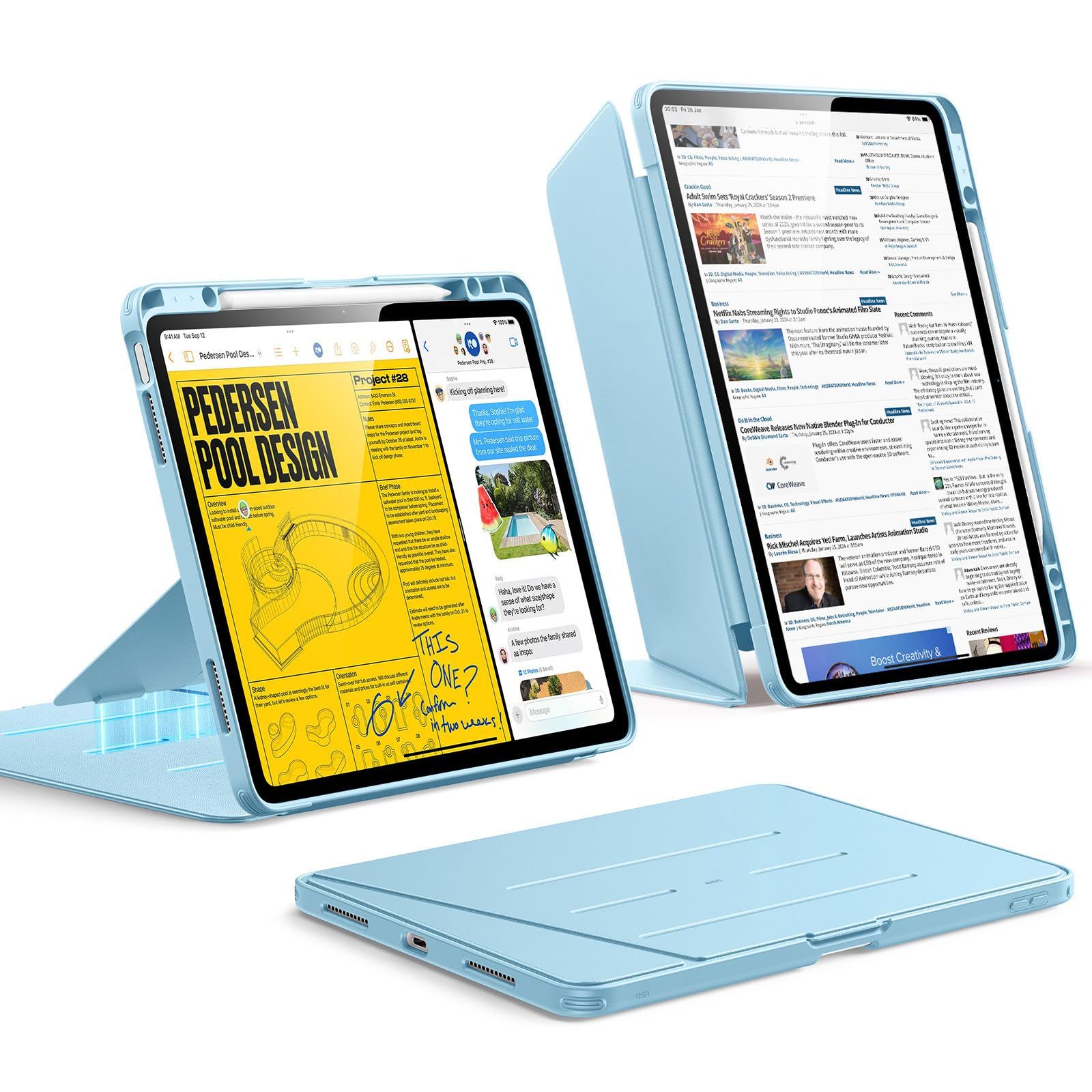 新品 ESR iPad Air 13インチ ケース M4/M3/M2（2026/2025/2024）対応 ペン収納 三つ折りスタンド 縦横対応 多角度調整 耐衝撃 全面保護 オートスリープ Pencil Pro/USB-C対応 Flipシリーズ スカイブルー