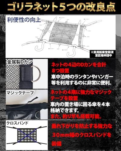 【MK&JAMT R8年改良モデル】 車 収納 天井 ルーフネット ルーフボックス カーゴネット ラゲッジネット 車中泊 日本語取説 保証書付 (ゴリラネットLサイズ)as ad8f3940