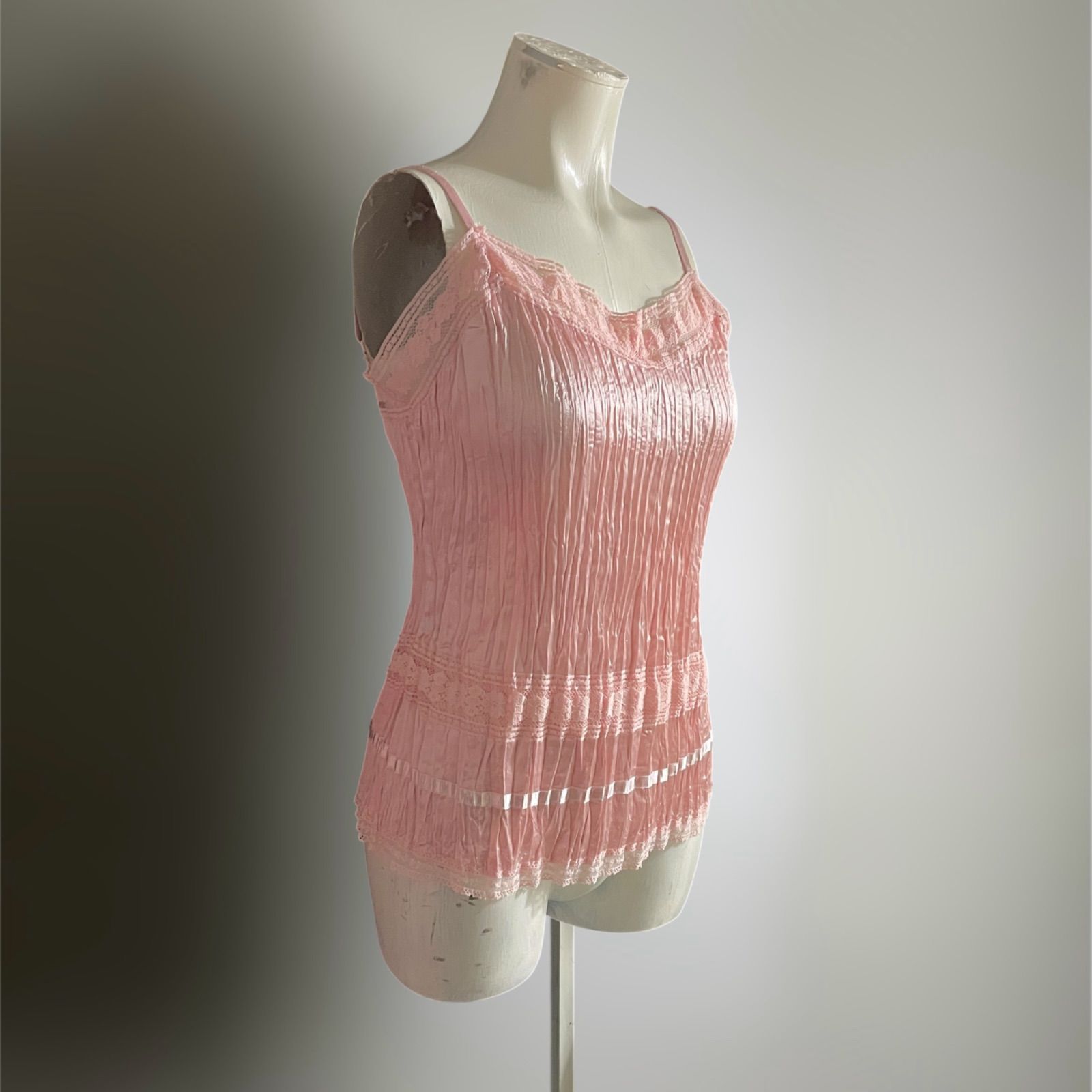 USA 00s ヴィンテージ キャミソール ランジェリー レース PLEATS アメリカ ウィッシュコア プリーツ 希少 ピンク Vintage I160