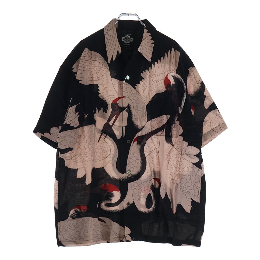 BUDSPOOL (バッズプール) ×GAKKIN 赤目鶴 HAWAIIAN SHIRT ガッキン 半袖ハワイアンシャツ ブラック/ピンク