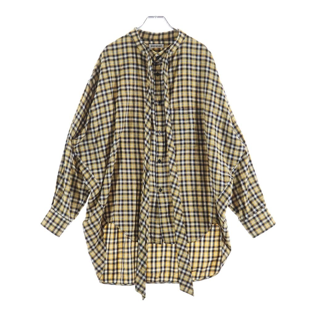 BALENCIAGA バレンシアガ 18SS バックロゴ リボン チェック ボウタイ ニュースウィング 長袖シャツ イエロー 520497 TBM09 BALENCIAGA (バレンシアガ) 18SS バックロゴ リボン チェック ボウタイ