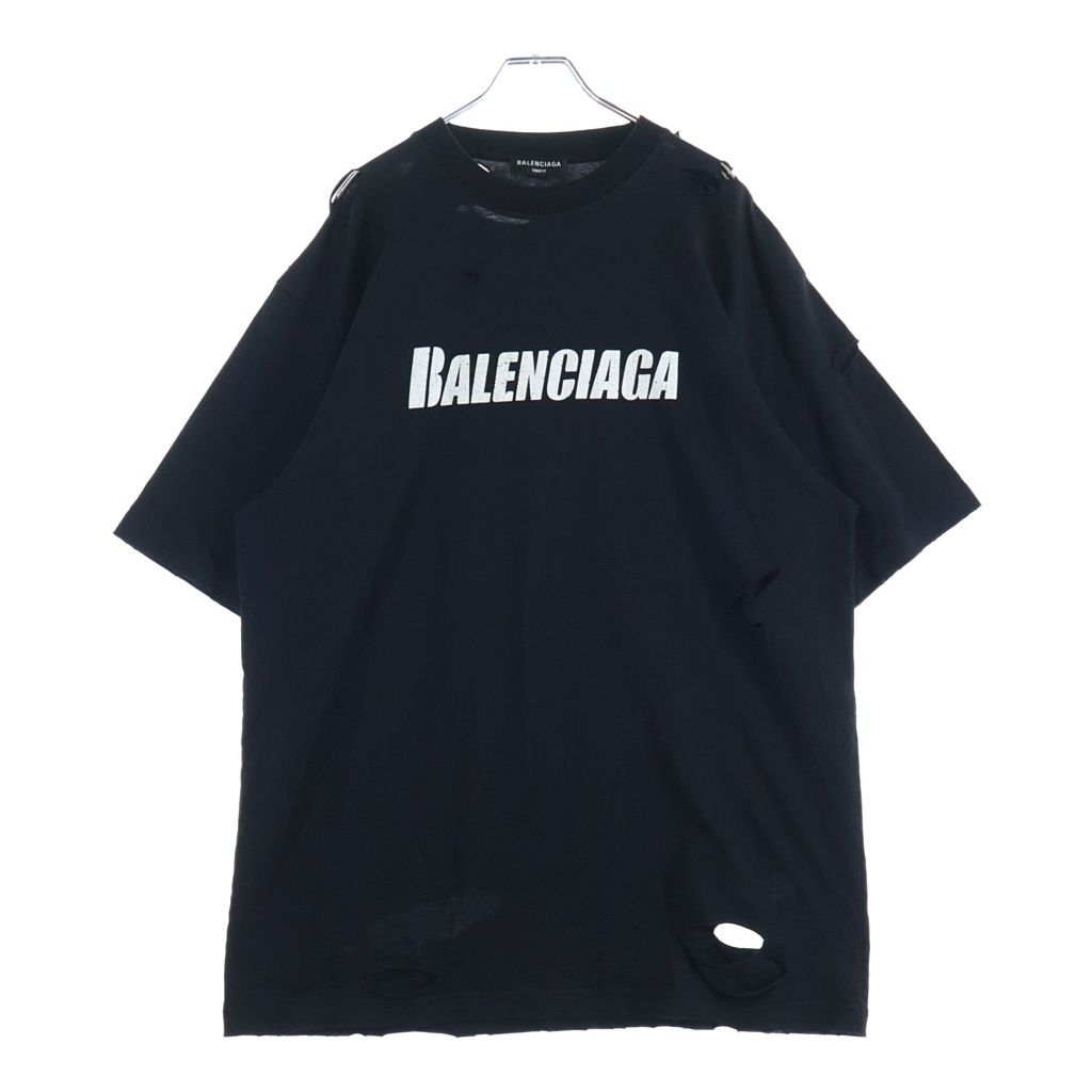BALENCIAGA (バレンシアガ) DESTOROYED LOGO OVERSIZED T-SHIRT 半袖 クルーネック Tシャツ ブラック 651795 TKVB8