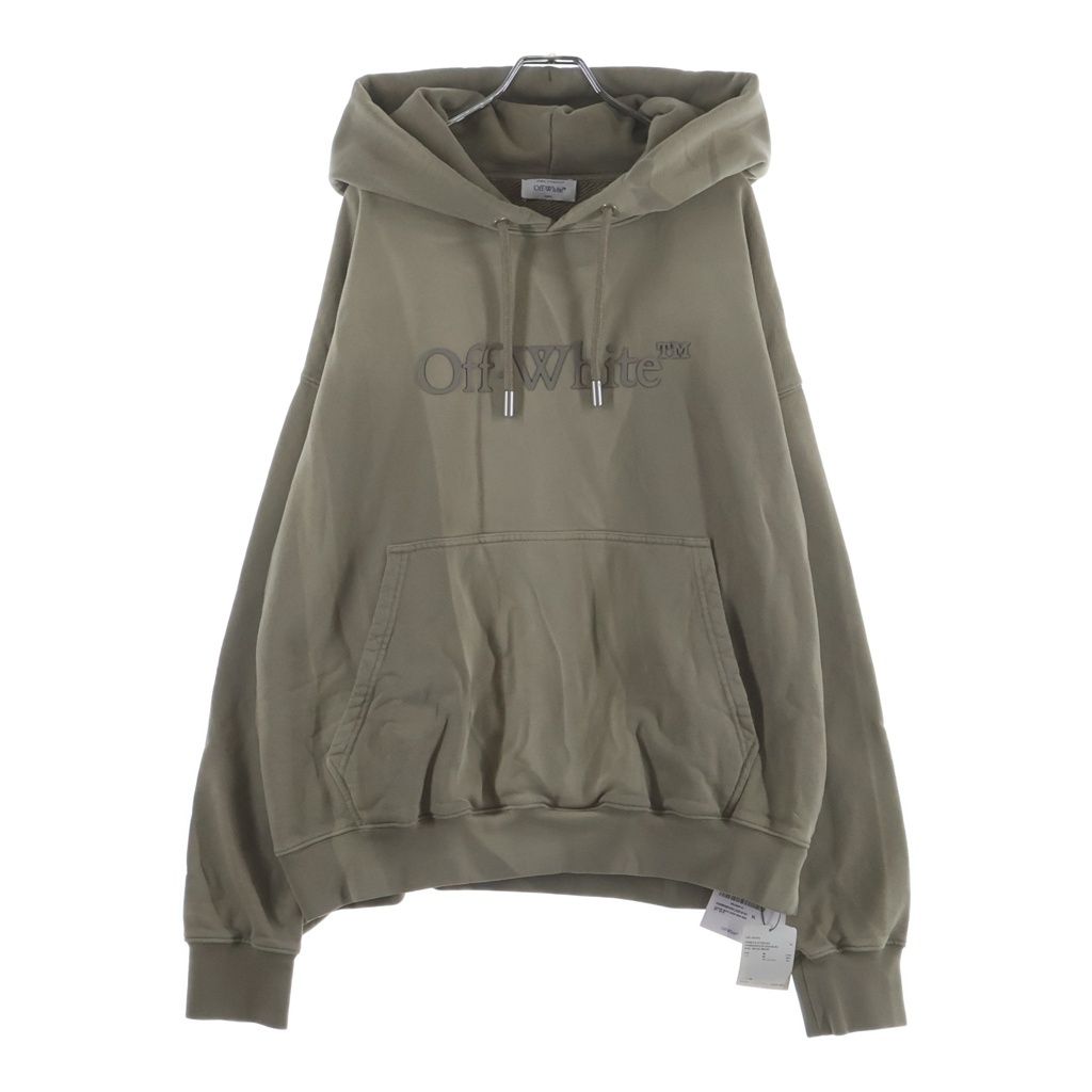 OFF-WHITE (オフホワイト) Laundry Khaki Textured Logo Hoodie フロントロゴラバープリント コットン プルオーバーパーカー ベージュ OMBB085F23FLE021