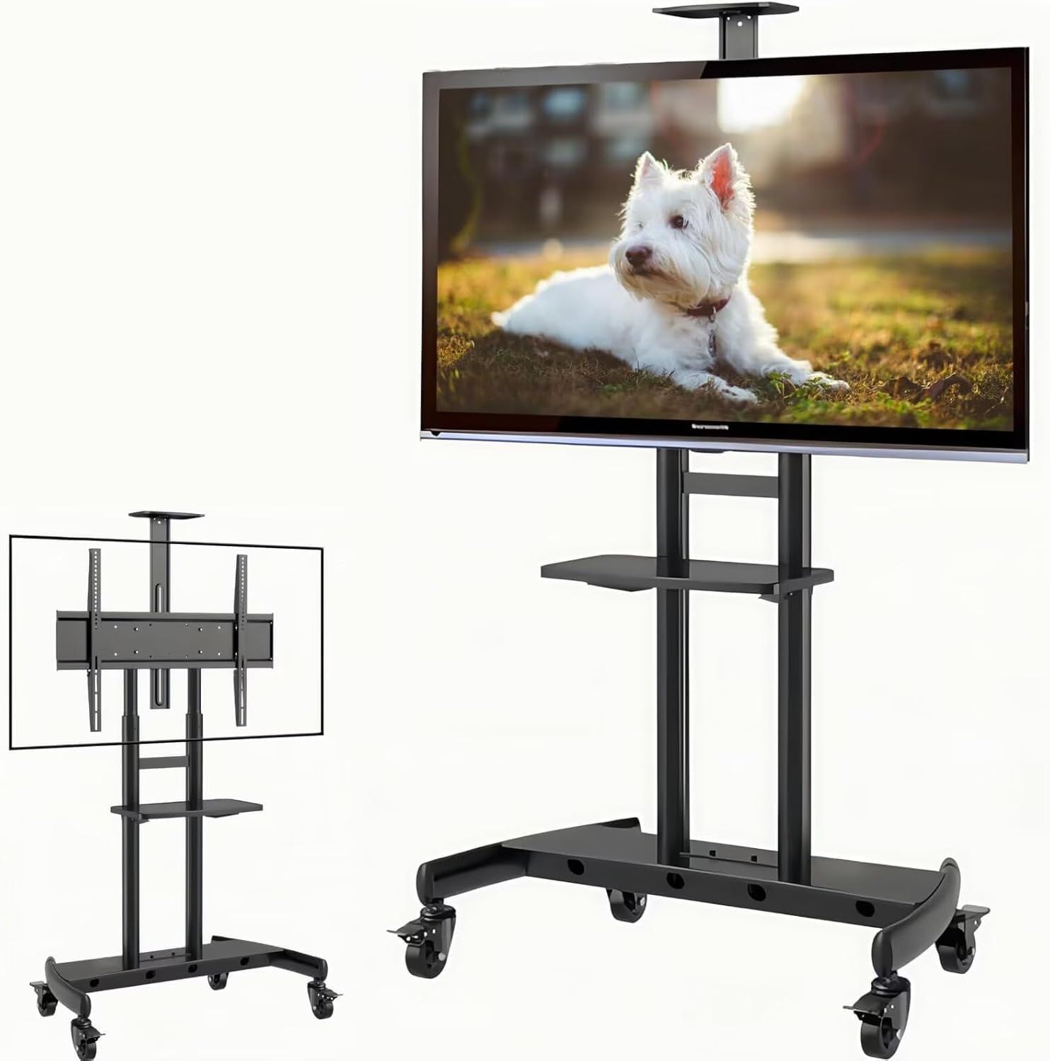 【特価商品】55～90インチ対応 大型自立スタンド 耐荷重100kg キャスター付き 移動式テレビスタンド 棚板搭載 高さ調整可能 自宅・会議室・オフィス対応 日本語説明書付き（ブラック，99x60x241.6cm）