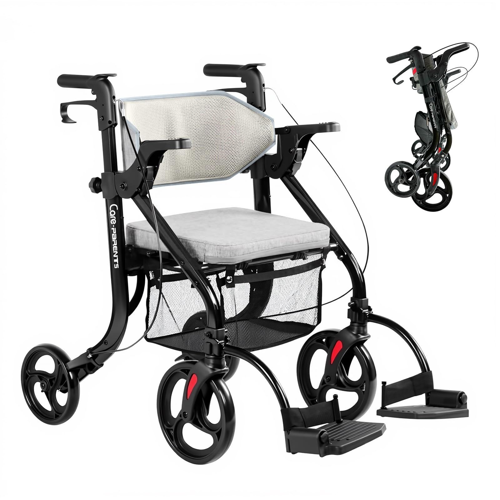 【人気商品】11kg 10インチ大型前輪 軽量 高さ調節可能 折りたたみ 室内室外兼用 アルミ製 介護・高齢者用 (簡易車椅子・シルバーカー・ショッピング) 1台3役 日本語説明書付 四輪歩行車 (CP-9269 歩行器 グレー) Care-Parents