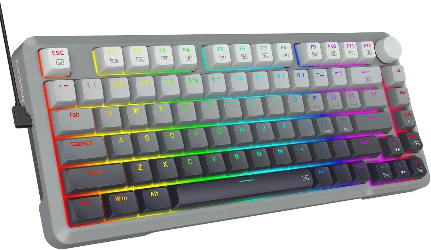 ラピッドトリガーゲーミングキーボード ホール効果磁気スイッチ 調節可能な作動 8000 Hz ポーリングレート ボリュームノブ RGBバックライト PBTキーキャップ PCゲーマー用 75%コンパクト有線 グレー/ブラック グラデーショングレー