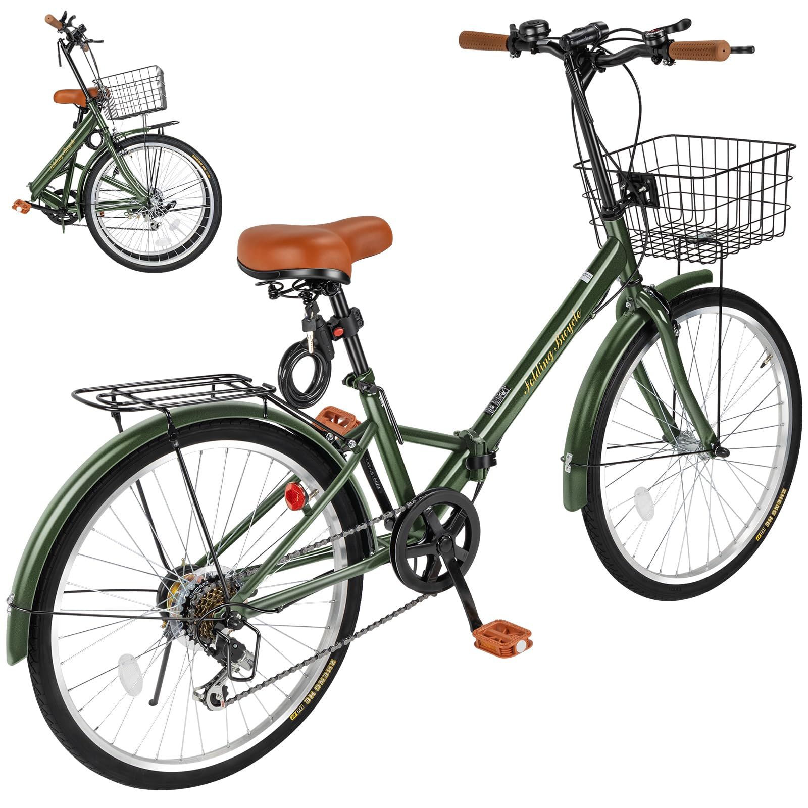 大人気　折り畳み自転車 20インチ/24インチ 厚めのサドル 高炭素鋼フレーム リアキャリア・カゴ・ライト・ワイヤーロック・空気入れ付き 軽量 自転車 シマノ7段変速 通勤 通学 折りたたみ自転車 街乗り 男女兼用 Mixiu (オリーブ 24インチ)
