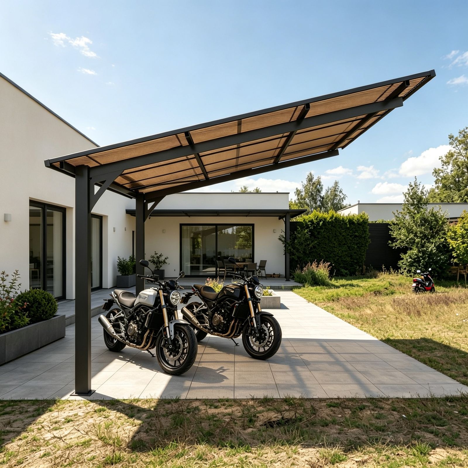 テラス屋根 ベランダ 屋根 ひさし大型 重量型 バルコニー 雨よけ サイクルポート 2本の柱 パーゴラ 幅302*奥行き300*高253 ポリカーボネート 屋根 裏庭とバルコニーに適用 壁面取り付け基準に適合 ブラック