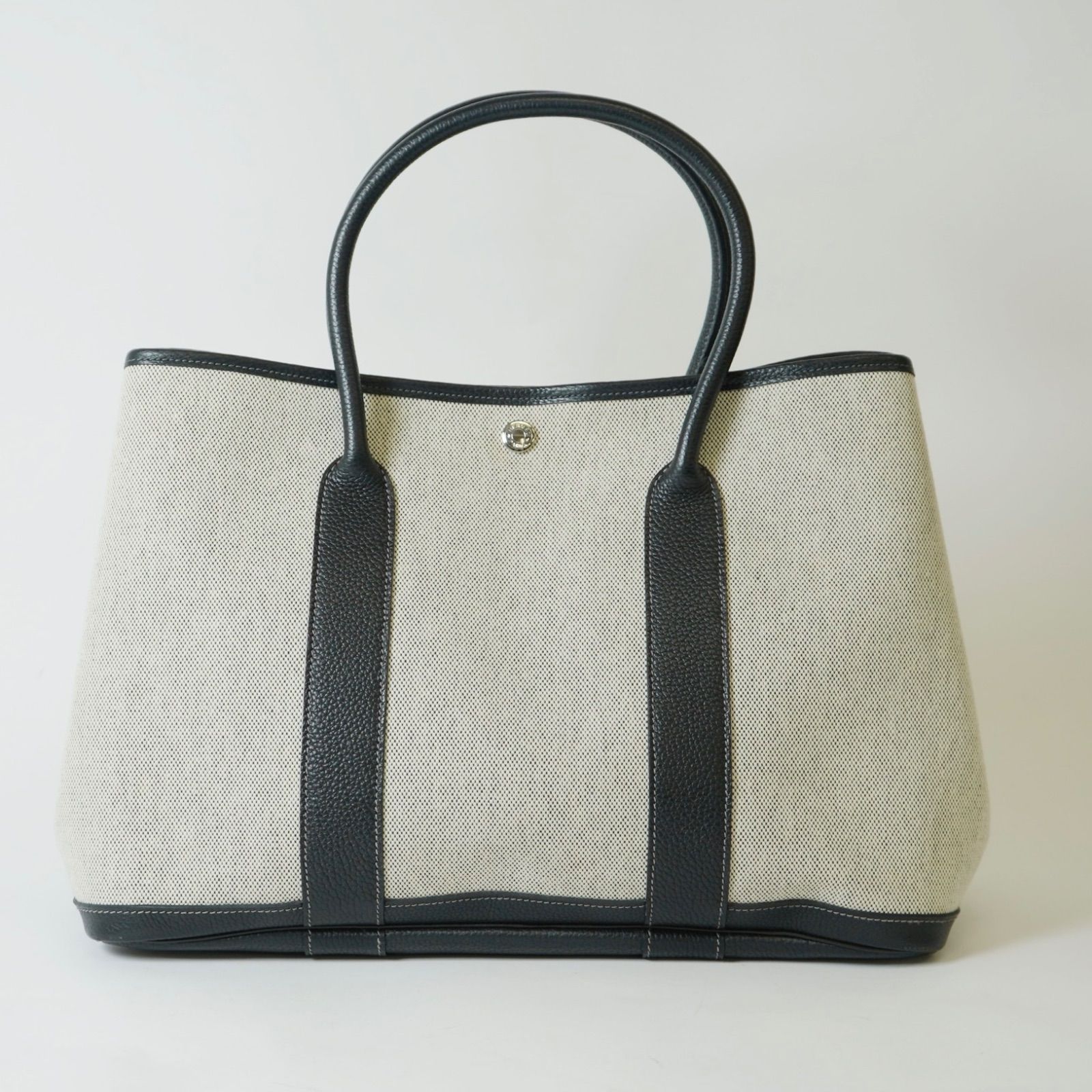 HERMES エルメス ガーデンパーティ 36 PM トワルアッシュ×レザー グレー×ブラック シルバー金具 ▢H（2004年） ハンドバッグ