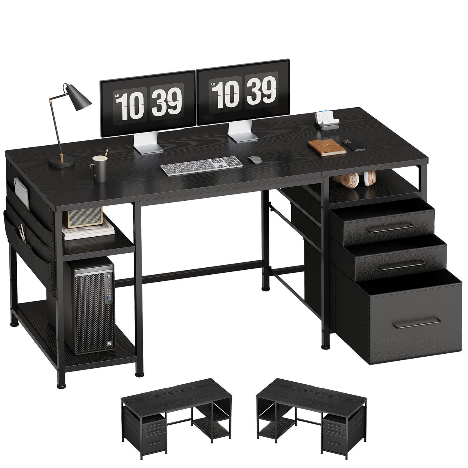 パソコンデスク pcデスク 幅150cm×奥行50cm 勉強机 学習机 机 布製引き出し付き ゲーミングデスク パソコン机 Maihail 収納ラック付き 黒