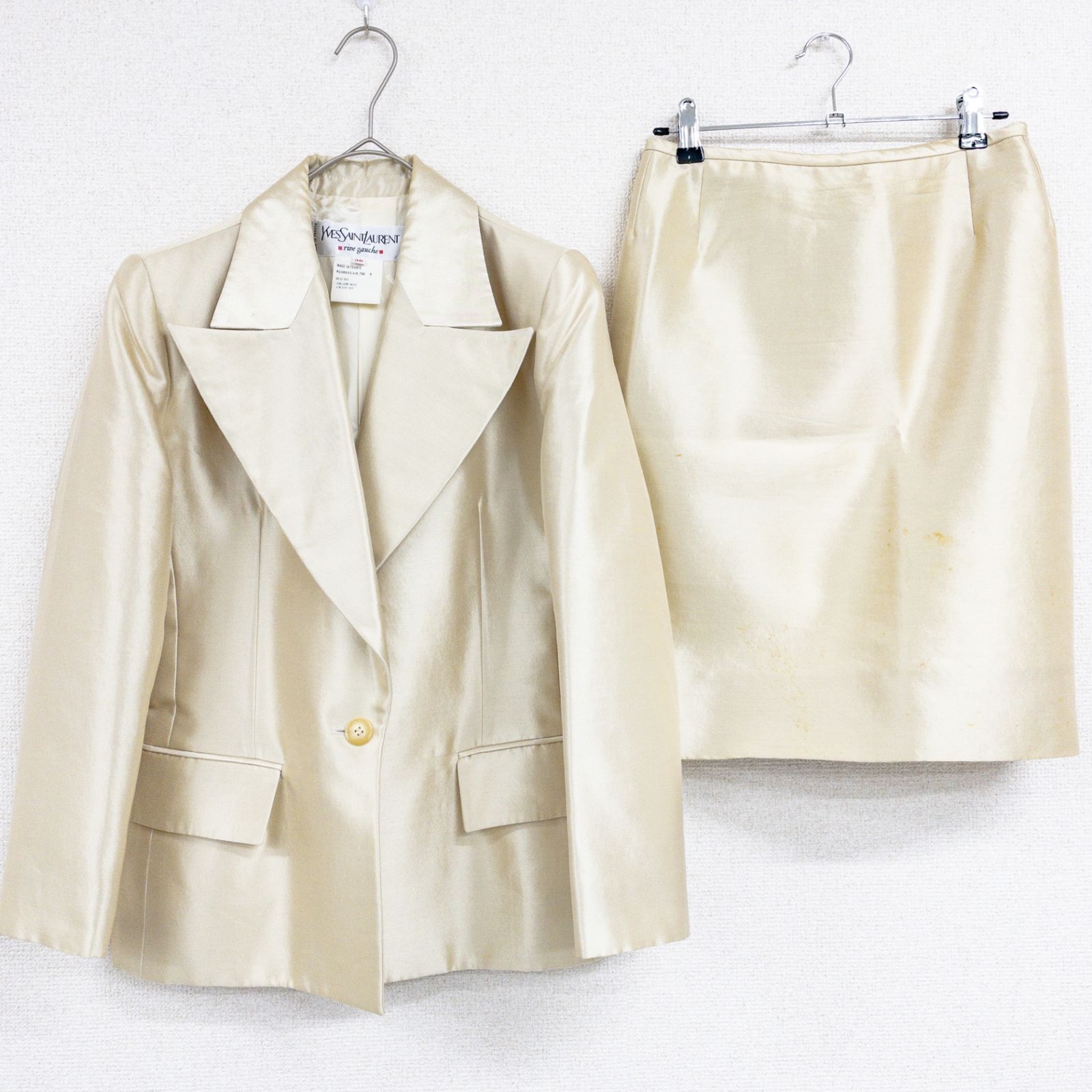 YVES SAINT LAURENT rive gauche イヴサンローラン リヴゴーシュ セットアップ テーラード スカート シルク ウール ゴールド フランス製 レディース 36 b01779