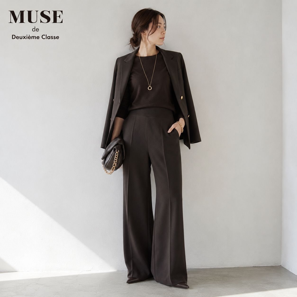 【未使用に近い / 美シルエットの上質ウール】MUSE de Deuxieme Classe / ミューズ ドゥ ドゥーズィエム クラス 36「Mサイズ/9号相当」ブラウン ウール100％ エレガントパンツ 2018年 通勤 学校行事 お食事会