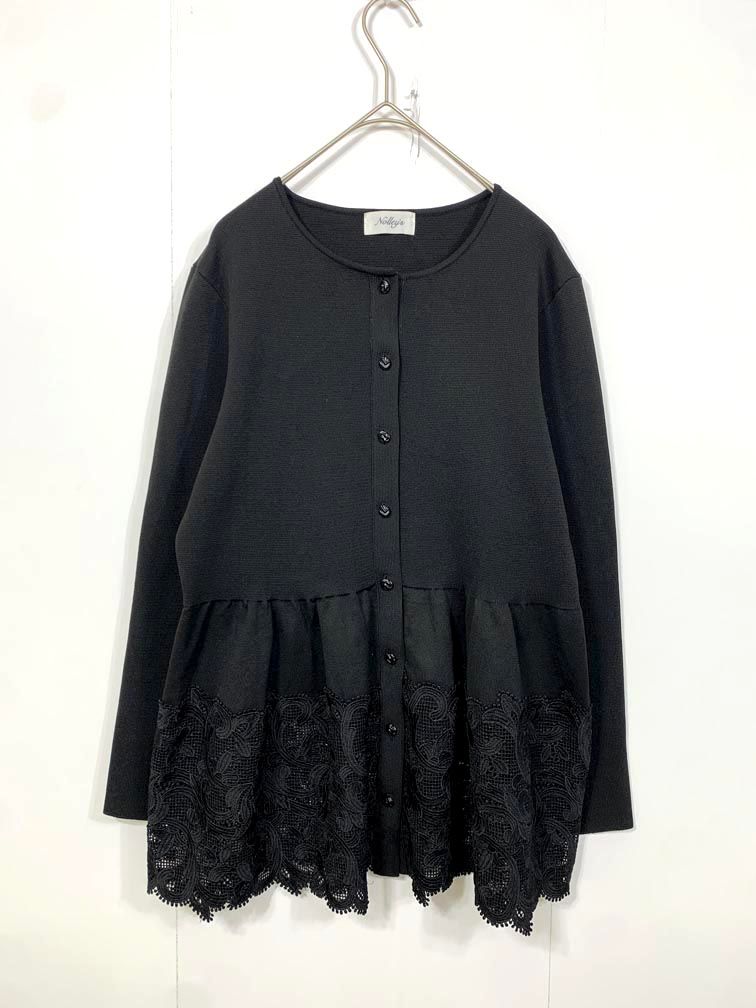 NOLLEY'S ノーリーズ 羽織 レースミラノリブペプラム カーディガン size38/黒 ■■◎レディース