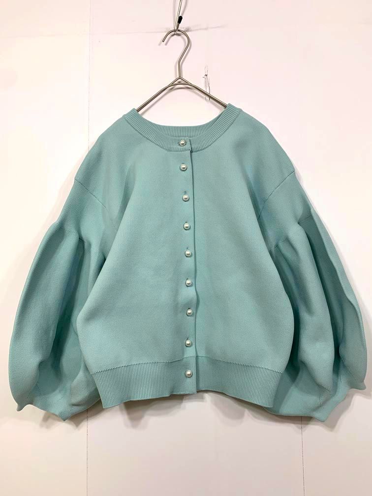 美品 La boutique BonBon ラブティックボンボン パールぽわんとスリーブニット カーディガン sizeF/水色 ■◇◎レディース
