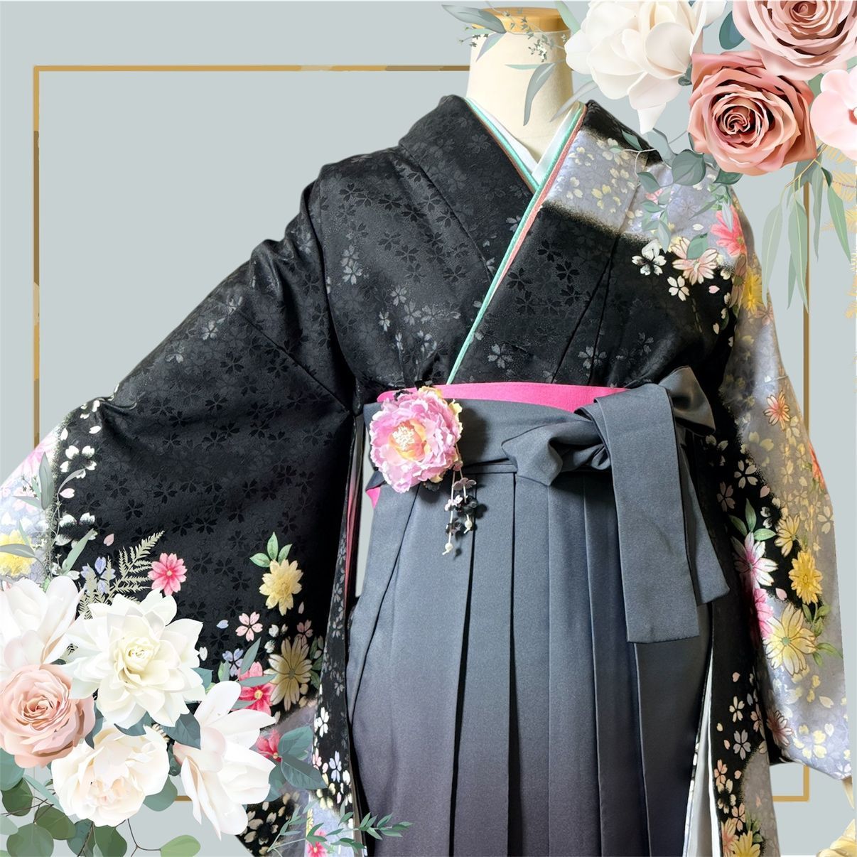【着物・袴・帯 3点セット】【美品】レディース袴セット 成人式・卒業式に 華やか和装 黒 グレー 花柄 地紋 刺繍 95-61