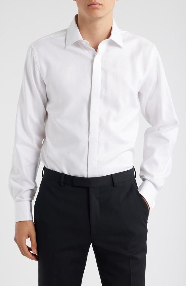ロレンゾウオモ メンズ トップス シャツ コットン Lorenzo Uomo Trim Fit Solid Whitextured Cotton Tuxedo Shirt White ホワイト