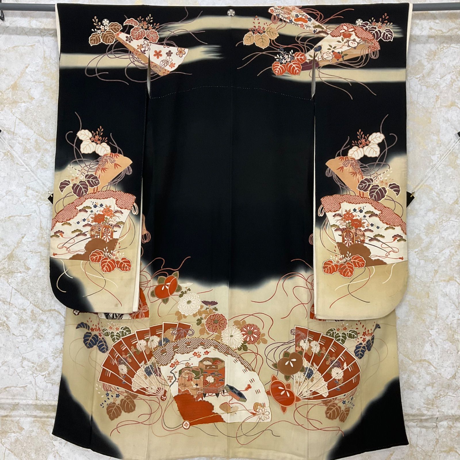 kimono+one◆kimonoarisa◆厳選◆素敵なアンティーク振袖◆正絹◆五つ紋◆袷◆広衿◆ロング◆金駒刺繍◆比翼付き◆ふき綿仕立て◆裄62肩丈165.5◆