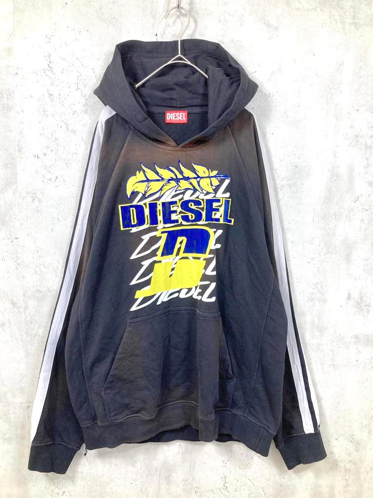 DIESEL ディーゼル S-Roxt-Hood-Stripe グラフィックロゴ プルオーバー パーカー sizeM/黒 ■■◎メンズ