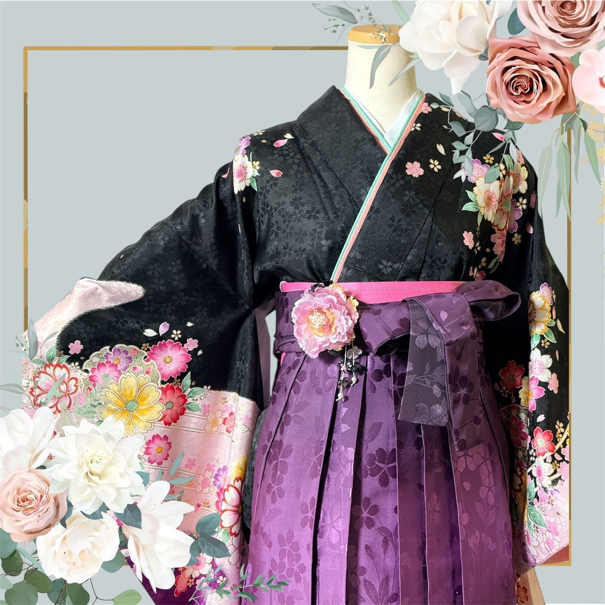 【着物・袴・帯 3点セット】【美品】レディース袴セット 成人式・卒業式に 華やか和装 黒 グレー 花柄 地紋 刺繍 95-60
