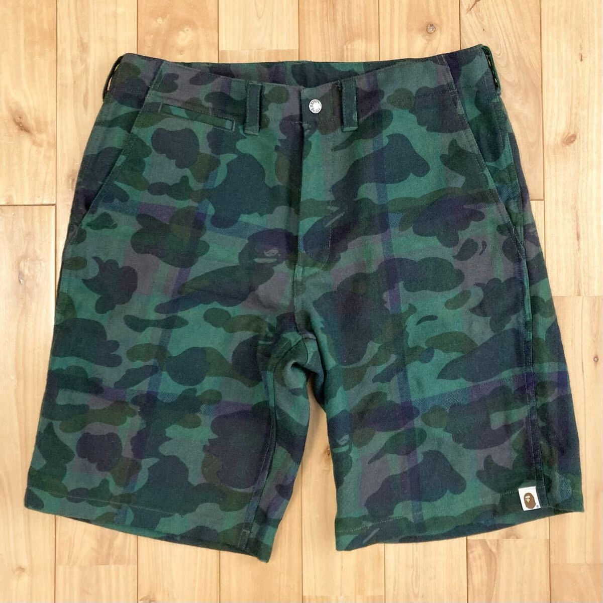 BAPE CAMO チェック ハーフパンツ Lサイズ グリーン a bathing ape shorts エイプ ベイプ アベイシングエイプ ショーツ 迷彩 NIGO y49al