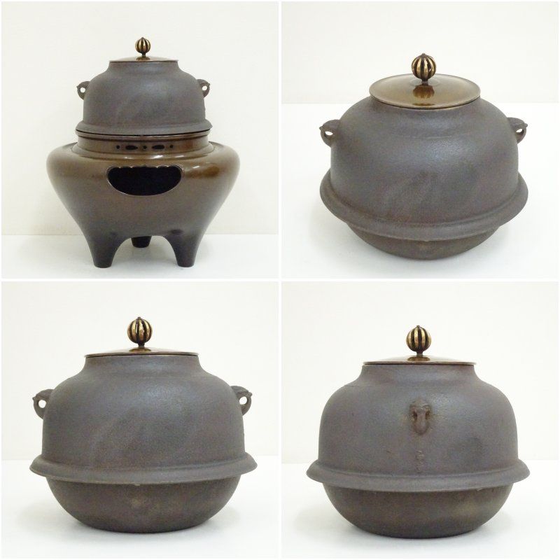 茶道具　唐銅朝鮮風炉　茶釜セット　レトロ　和室　伝統文化　真形釜　鉄瓶 一ノ瀬宗辰・菊地正直造 唐銅切合朝鮮風炉・真形釜添（共箱） 茶道
