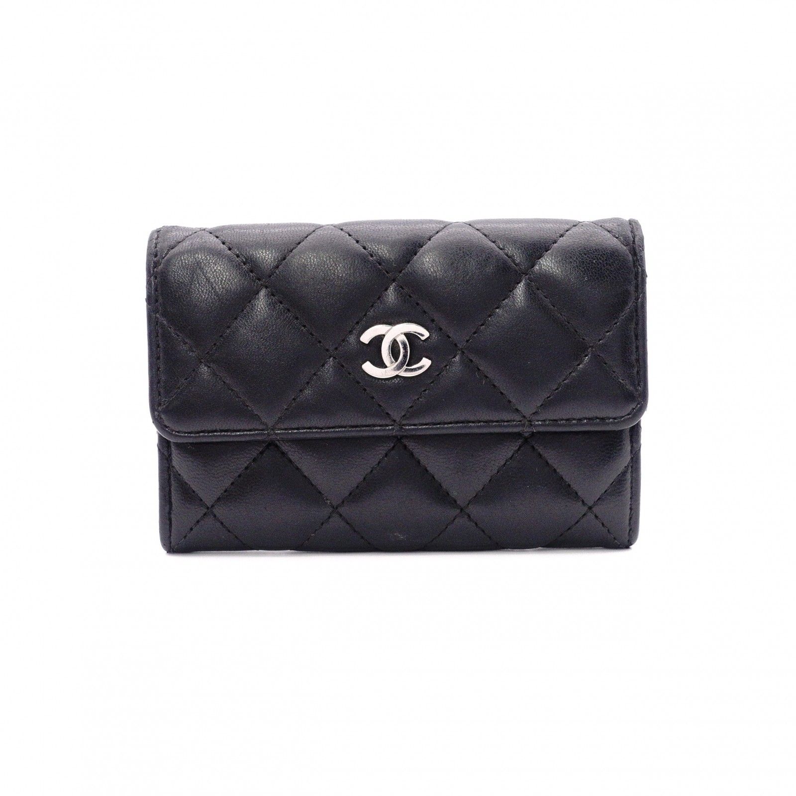 CHANEL シャネル ラムスキン マトラッセ カードケース レザー ブラック シルバー金具 CCマーク 名刺入れ