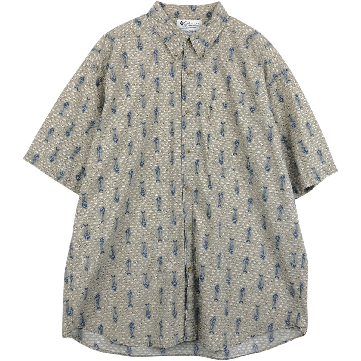 古着 コロンビア Columbia 総柄 魚柄 半袖 ボタンダウンシャツ メンズXL相当/eaa653139