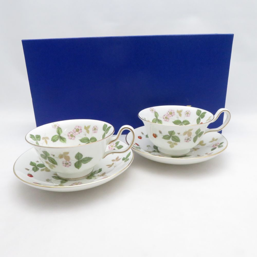 未使用 WEDGWOOD ウェッジウッド ワイルドストロベリー ティーカップ＆ソーサー 2客 ペア ピオニー 黒壺 旧刻印 SM5473B3