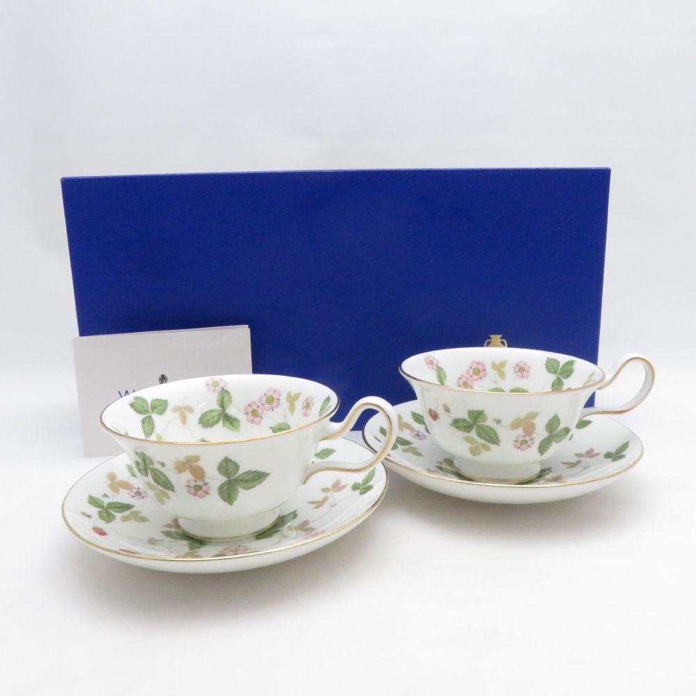 未使用 WEDGWOOD ウェッジウッド ワイルドストロベリー ティーカップ＆ソーサー 2客 ペア ピオニー 黒壺 旧刻印 SM5472B3