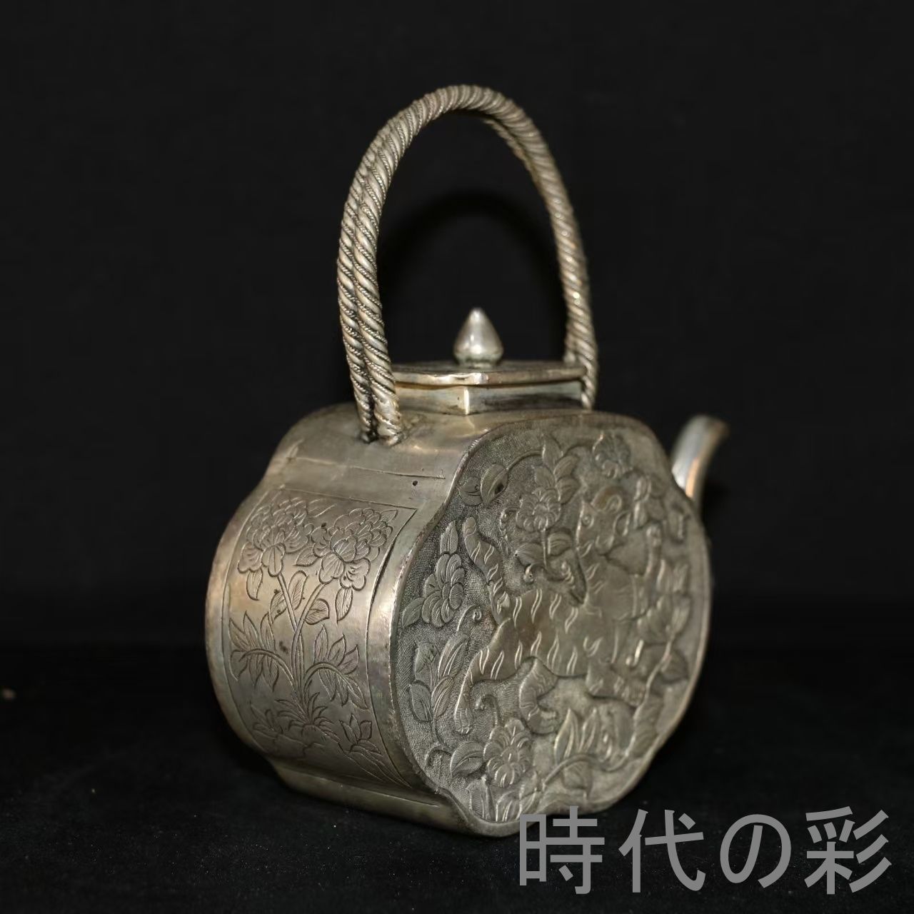 白虎紋 提梁壺 鍍銀】銅製 急須 茶壺 茶道具 煎茶道具 瑞獣紋 中国古