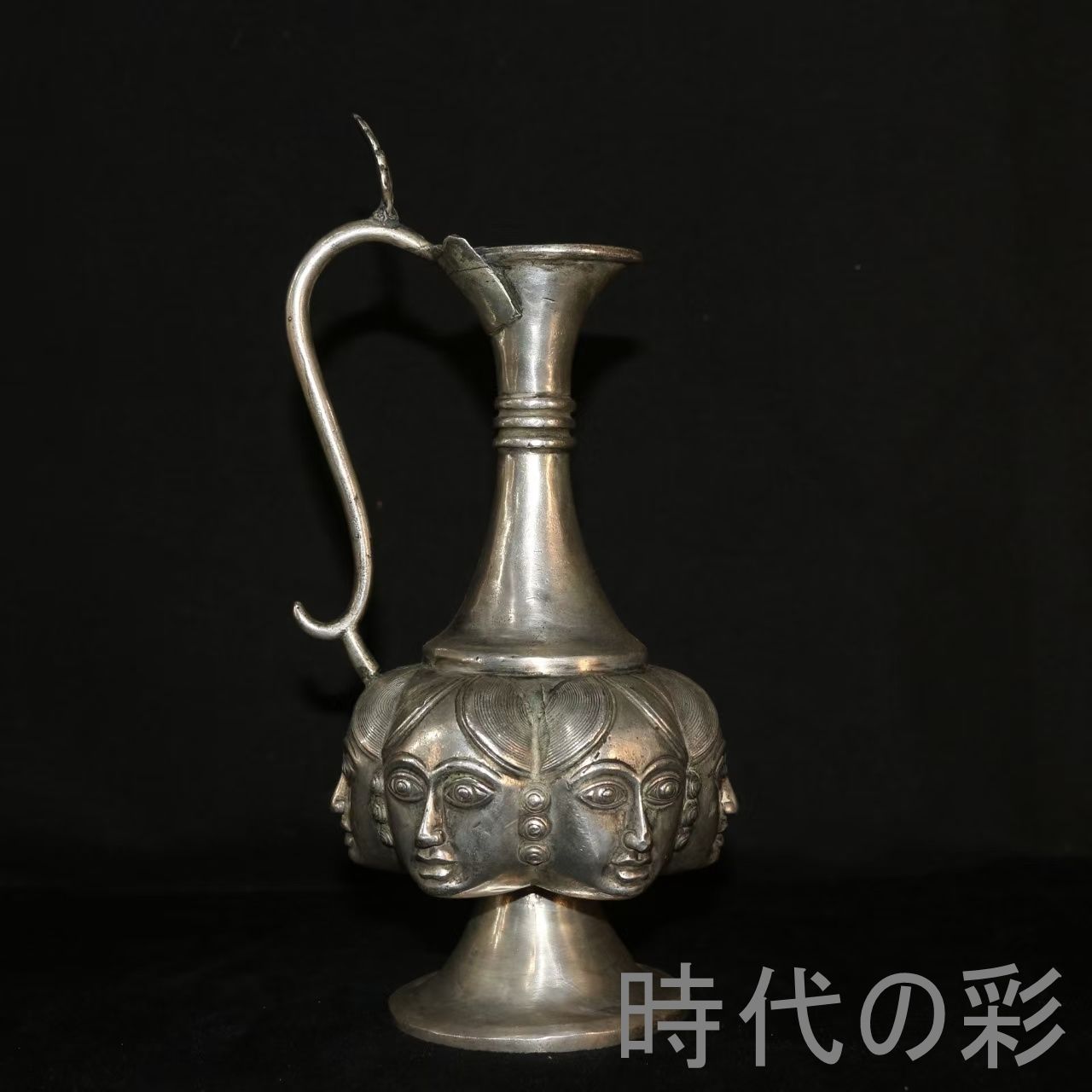 古代風 人面紋壺】銅製鍍銀 人物造形 壺置物 顔面紋 中国古美術 細密 