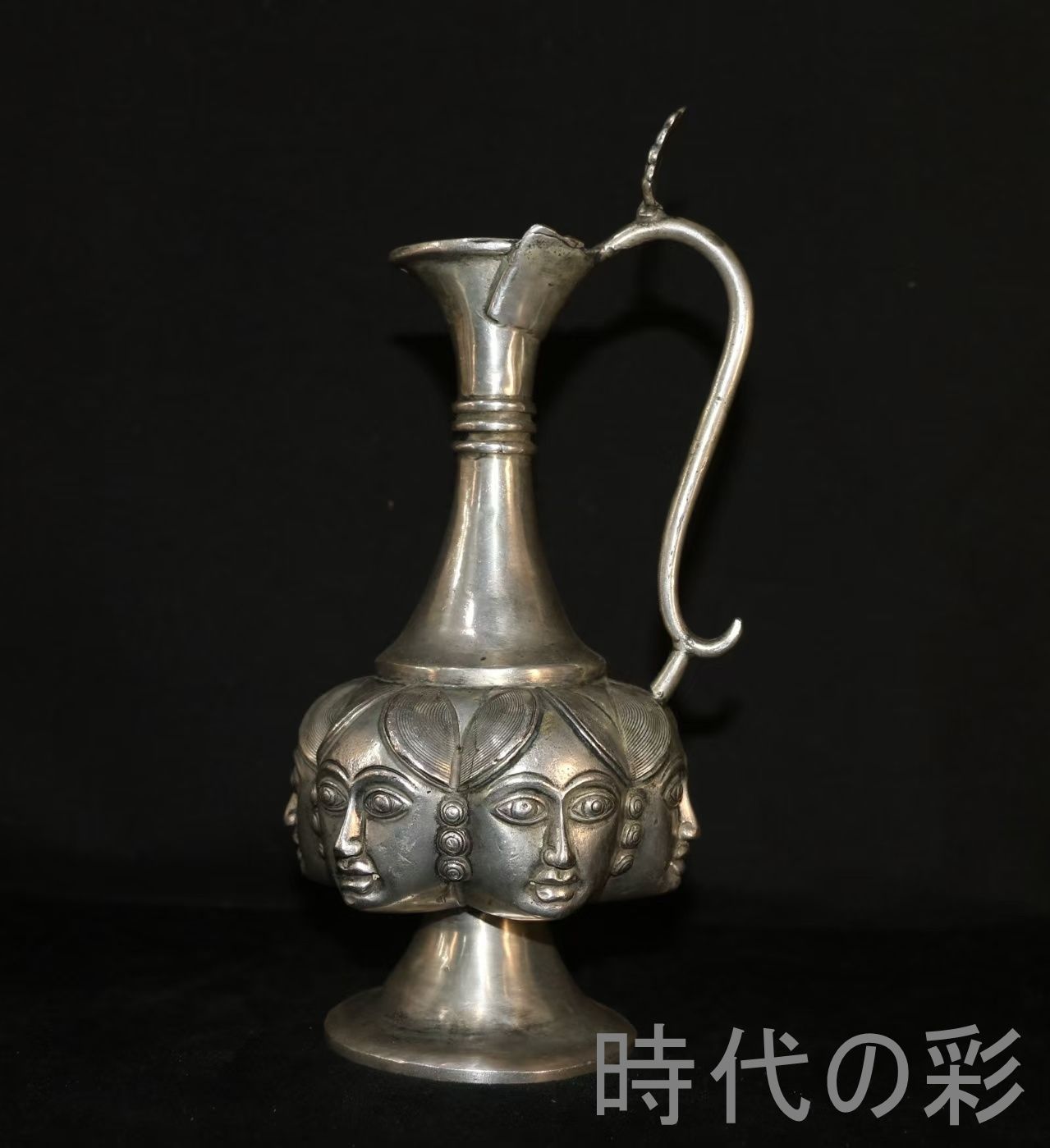古代風 人面紋壺】銅製鍍銀 人物造形 壺置物 顔面紋 中国古美術 細密 