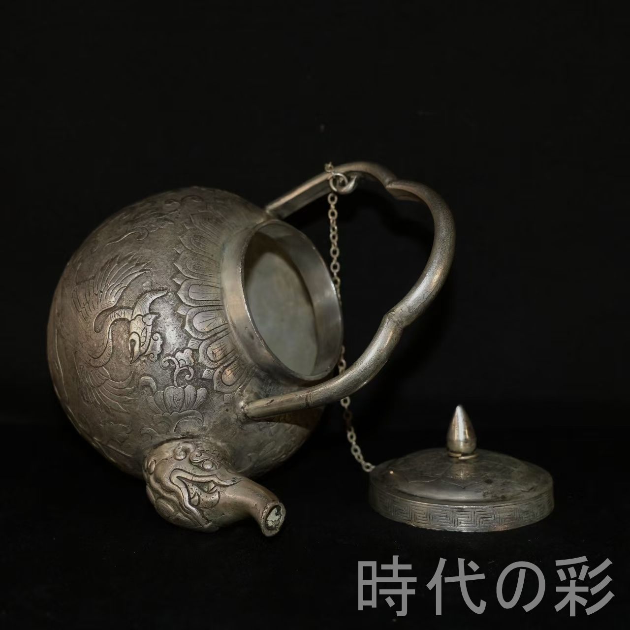 瑞獣彫刻 茶壺 鍍銀】銅製 茶器 茶道具 煎茶道具 瑞獣紋 中国古美術
