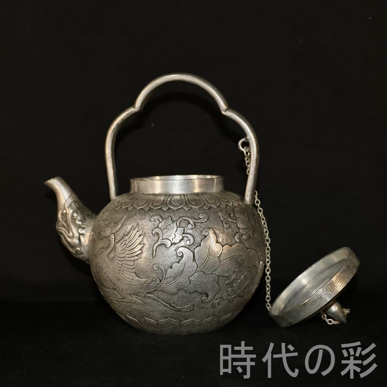 瑞獣彫刻 茶壺 鍍銀】銅製 茶器 茶道具 煎茶道具 瑞獣紋 中国古美術