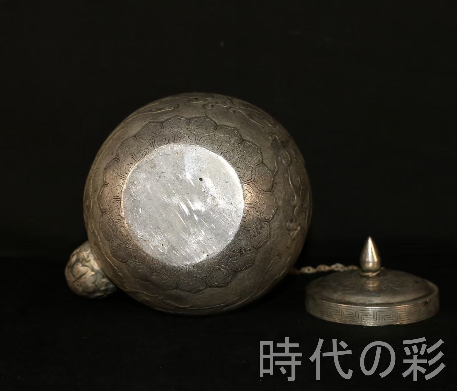 瑞獣彫刻 茶壺 鍍銀】銅製 茶器 茶道具 煎茶道具 瑞獣紋 中国古美術