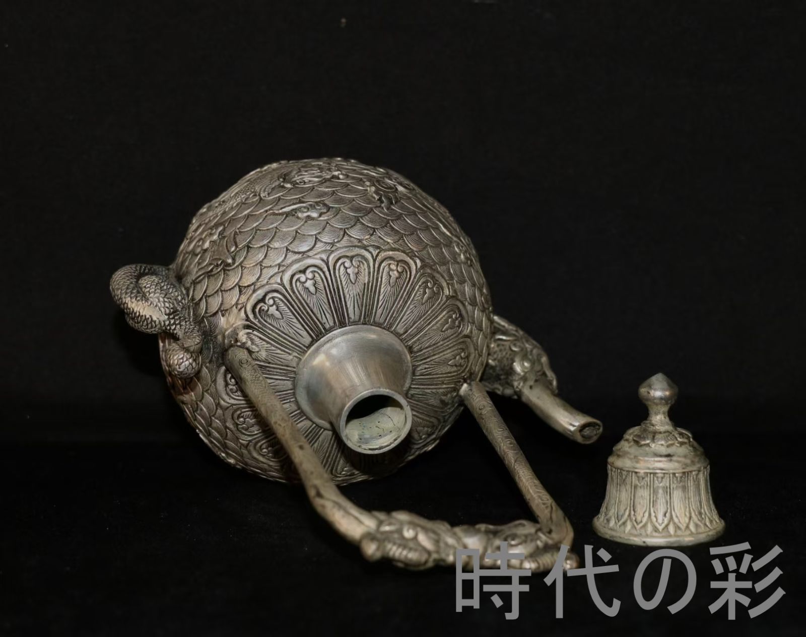 二龍戯珠 提梁壺】銅製鍍銀 龍把手 龍紋 茶壺 急須 茶道具 中国古美術
