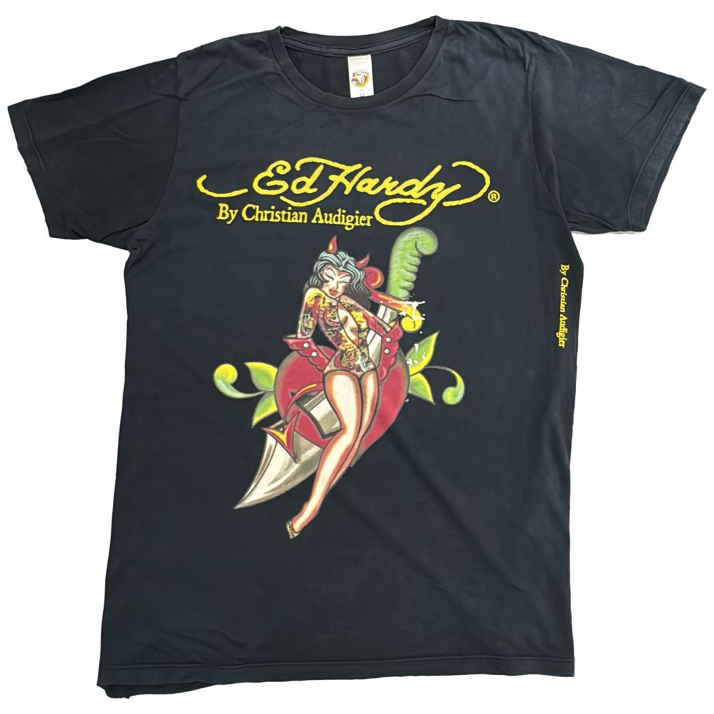 Ed Hardy エド・ハーディ デビル ピンナップガール Ｔシャツ タトゥー ブラック(メンズ M)中古 古着 Y3968