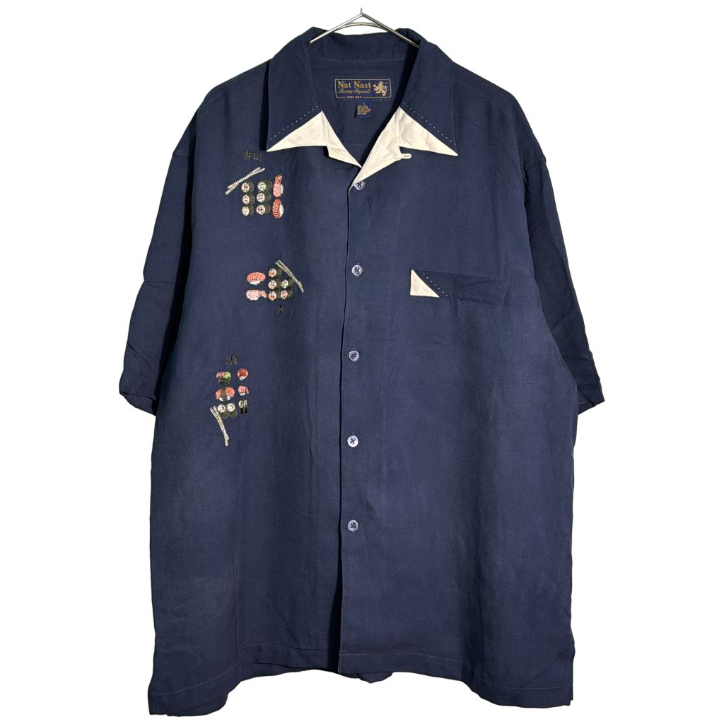 NAT NAST ナット・ナスト 寿司柄 オープンカラーシャツ ネイビー(メンズ L)中古 古着 Y4000